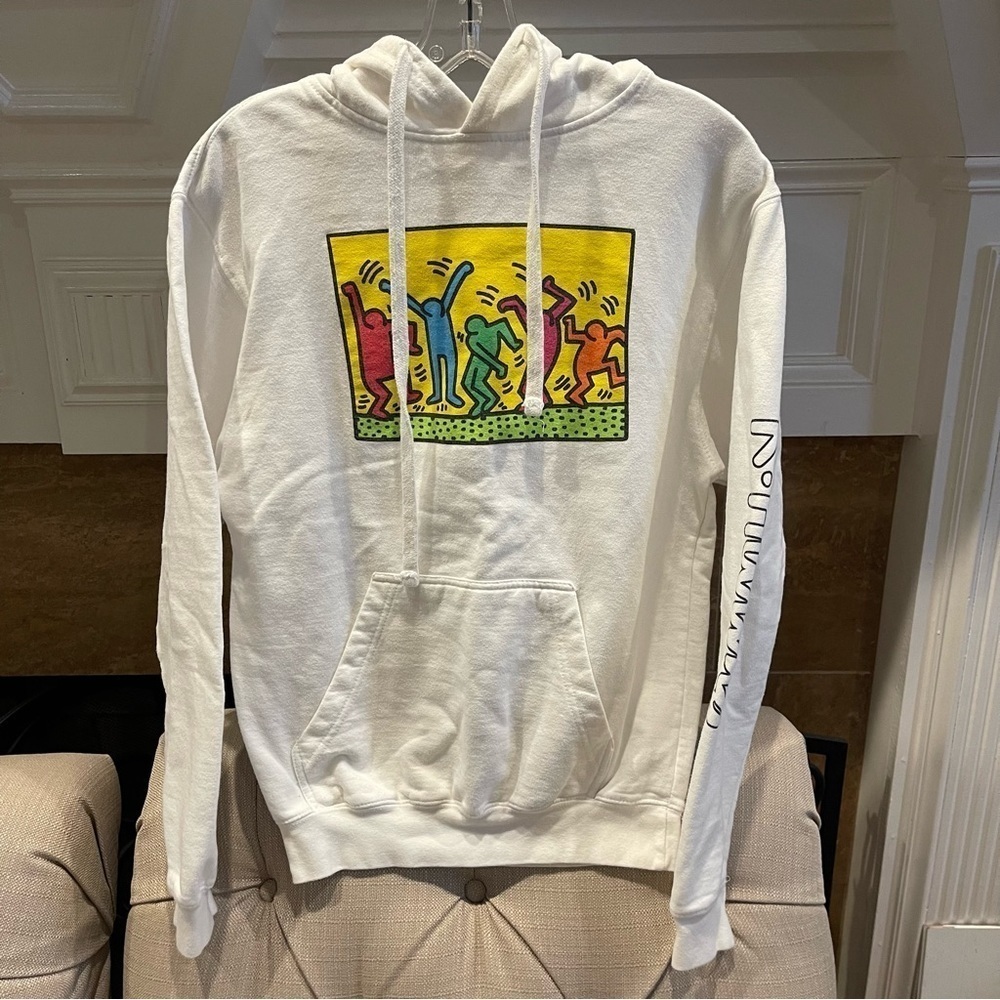 O: Keith Haring Mens Dancing Pop Art Signature White Hoodie Sz S
